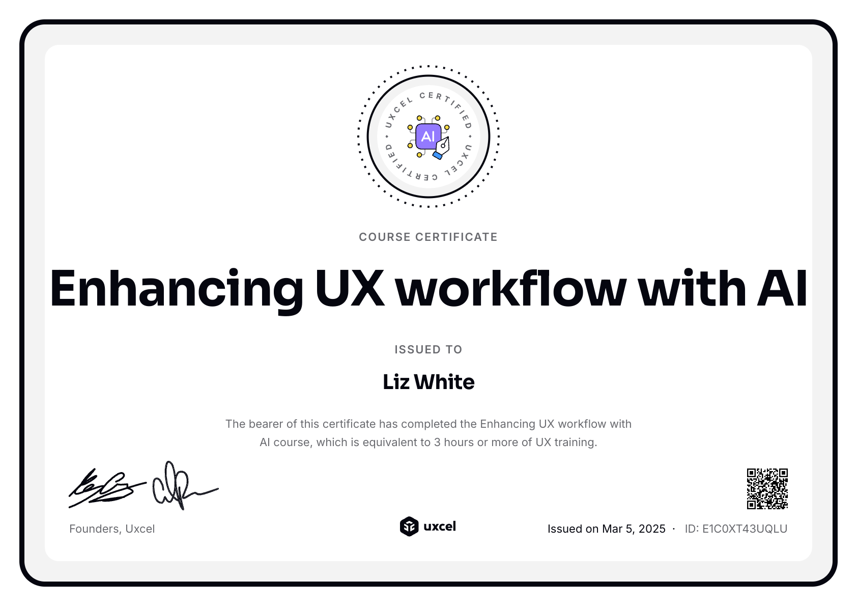 Liz White's certificate